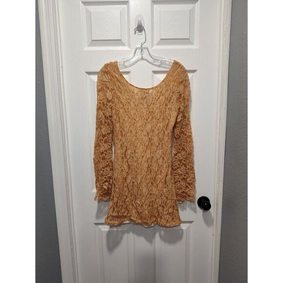 Angie Dresses & Skirts - Angie Tan Stretchy Boho Flare Lace Overlay Long Bell Sleeve Dress - Size Medium